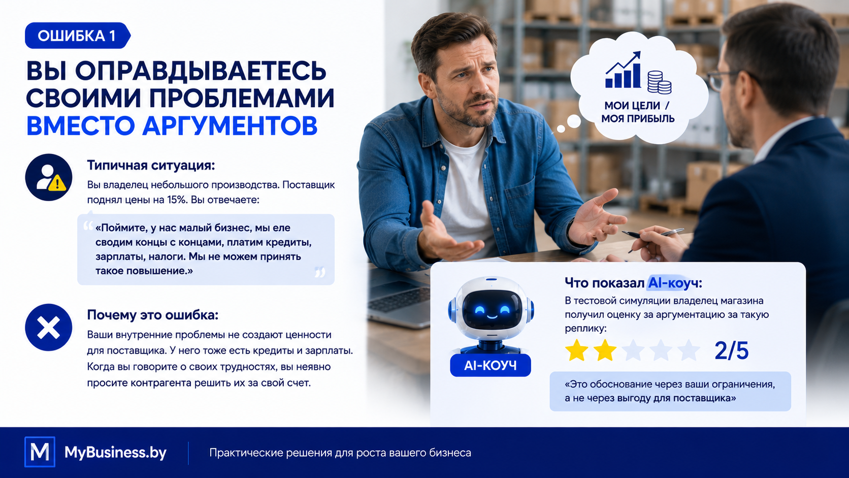 Инфографика Ошибка 1 в переговорах: оправдание своими проблемами вместо аргументов. AI-коуч оценил реплику владельца бизнеса на 2/5, указав на отсутствие выгоды для поставщика. MyBusiness.by