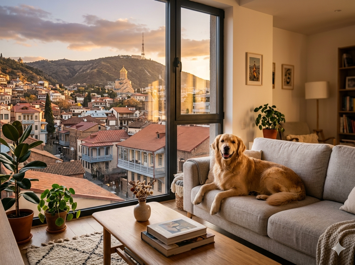 A golden retriever sitting in a bright, modern apartment living room in Tbilisi with a large window overlooking the city. Cover image for a pet-friendly rental guide.