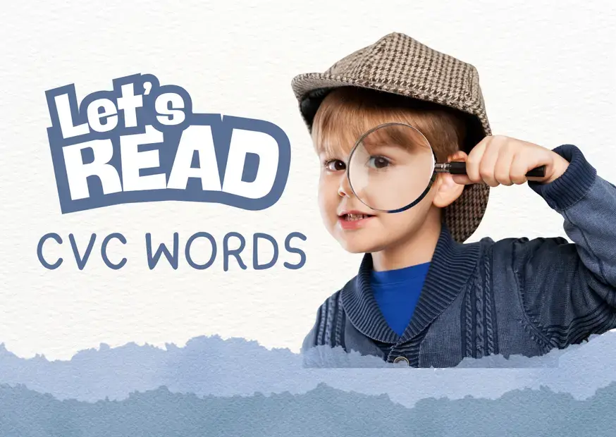 Мальчик в кепке смотрит в лупу, рядом надпись 'Let's Read CVC Words'