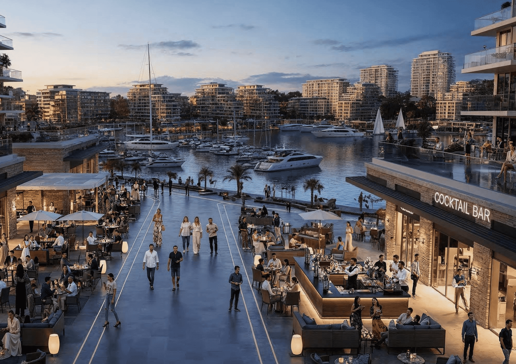 Прогулочная зона рядом с яхт-клубом, поздний вечер, люди отдыхают в коктейль-баре — Gonio Yachts & Marina, визуализация проекта.