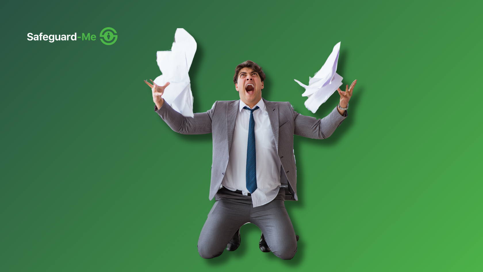 a man throwing paper in the air in dispair