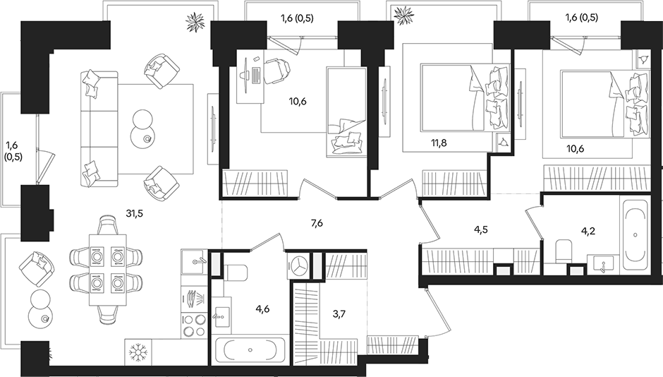 4‑комн квартира ~100 м²