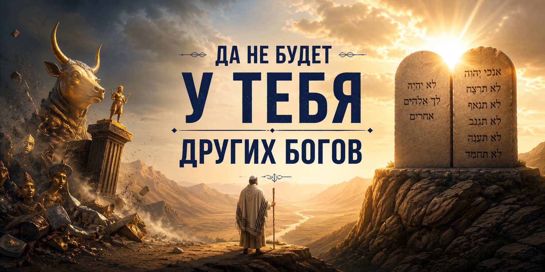 Иллюстрация к статье о второй заповеди Торы «Да не будет у тебя других богов»: каменные скрижали с заповедями, разрушенные идолы, пустынный пейзаж и духовный свет, символизирующий веру в Единого Вс-вышнего.