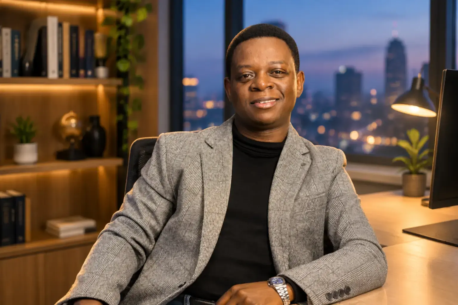 Moses Dlamini at his desk in the evening