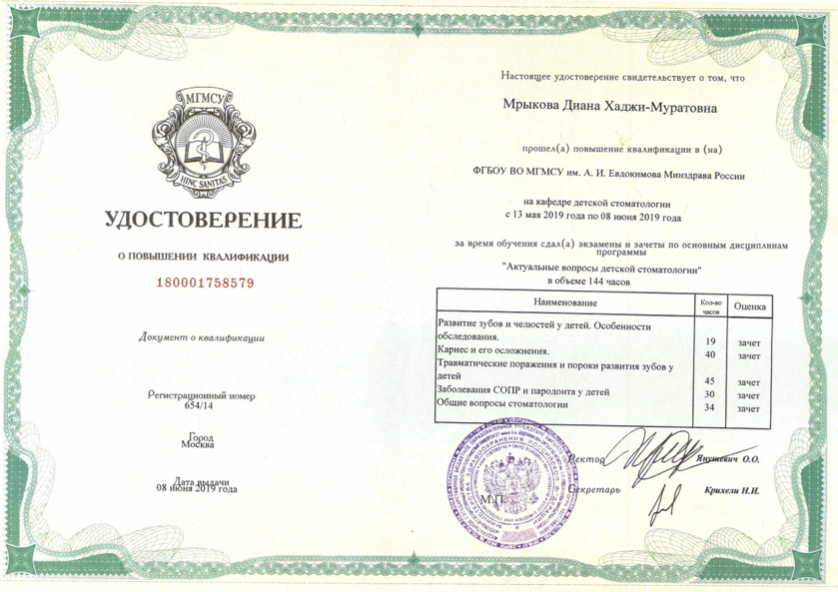 Мрыкова Диана Хаджи-Муратовна сертификат специалиста 1