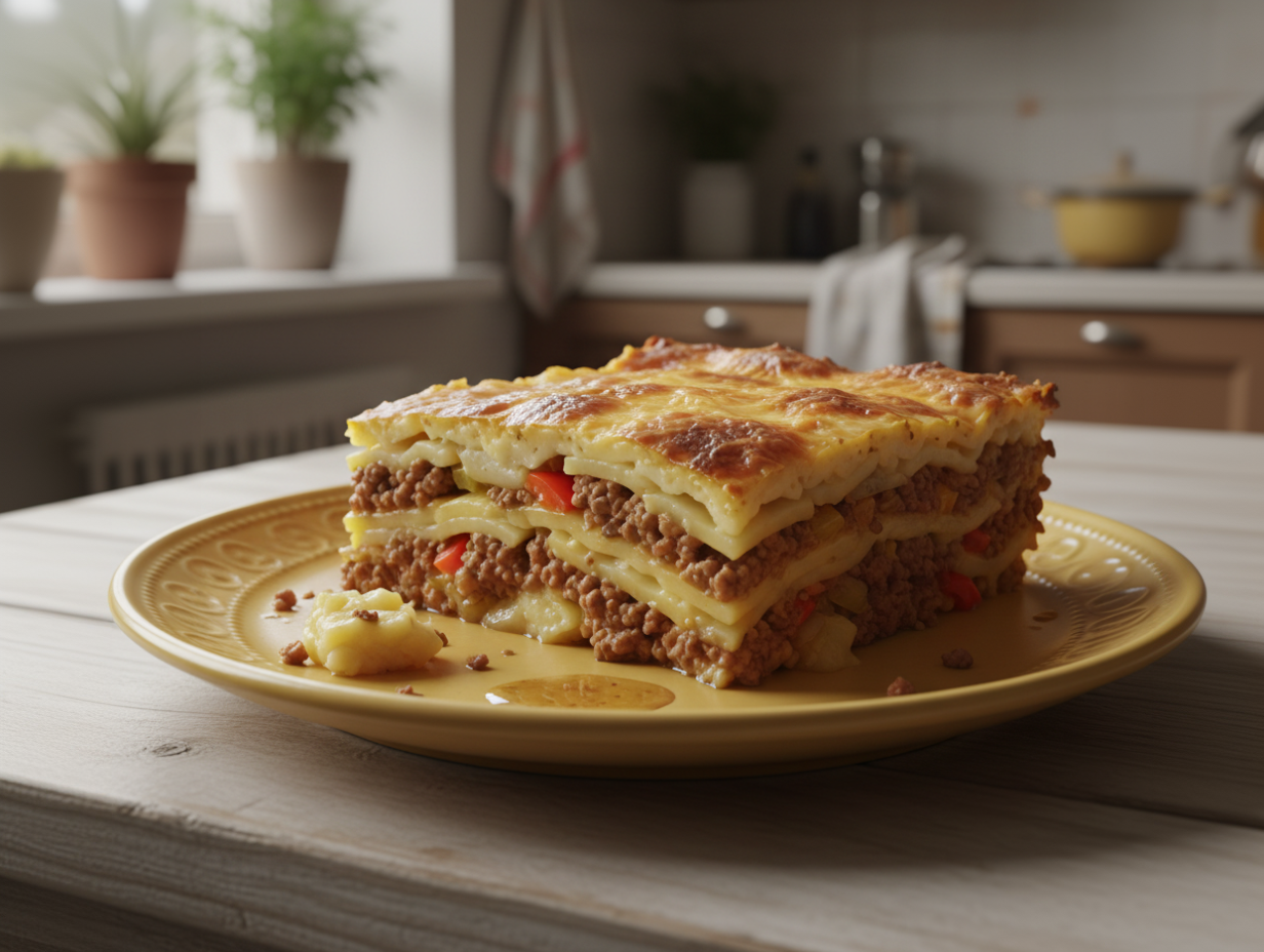 Готовая сербская мусака — картофельная запеканка с фаршем и сыром в форме для запекания.