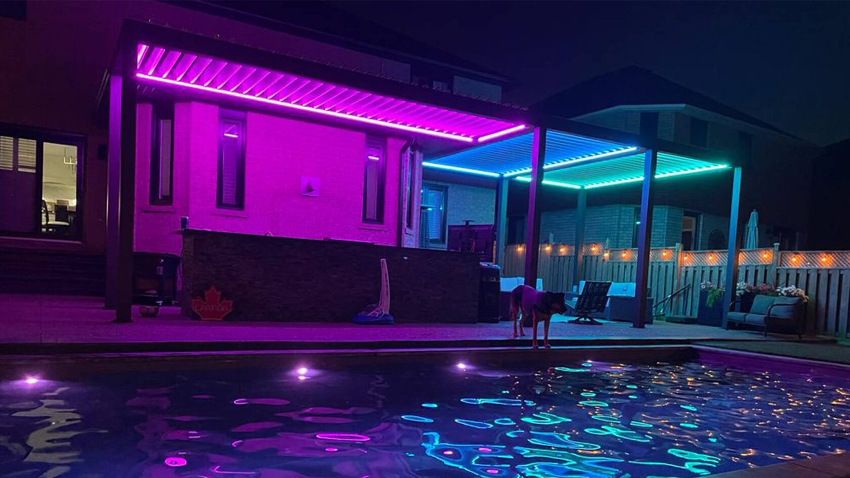 Aluminum pergola with LED lighting at night