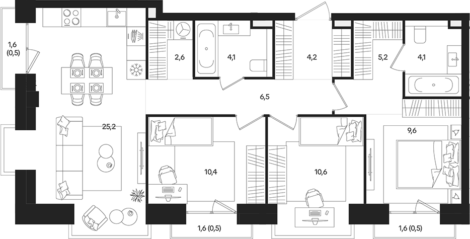 4‑комн квартира ~90 м²