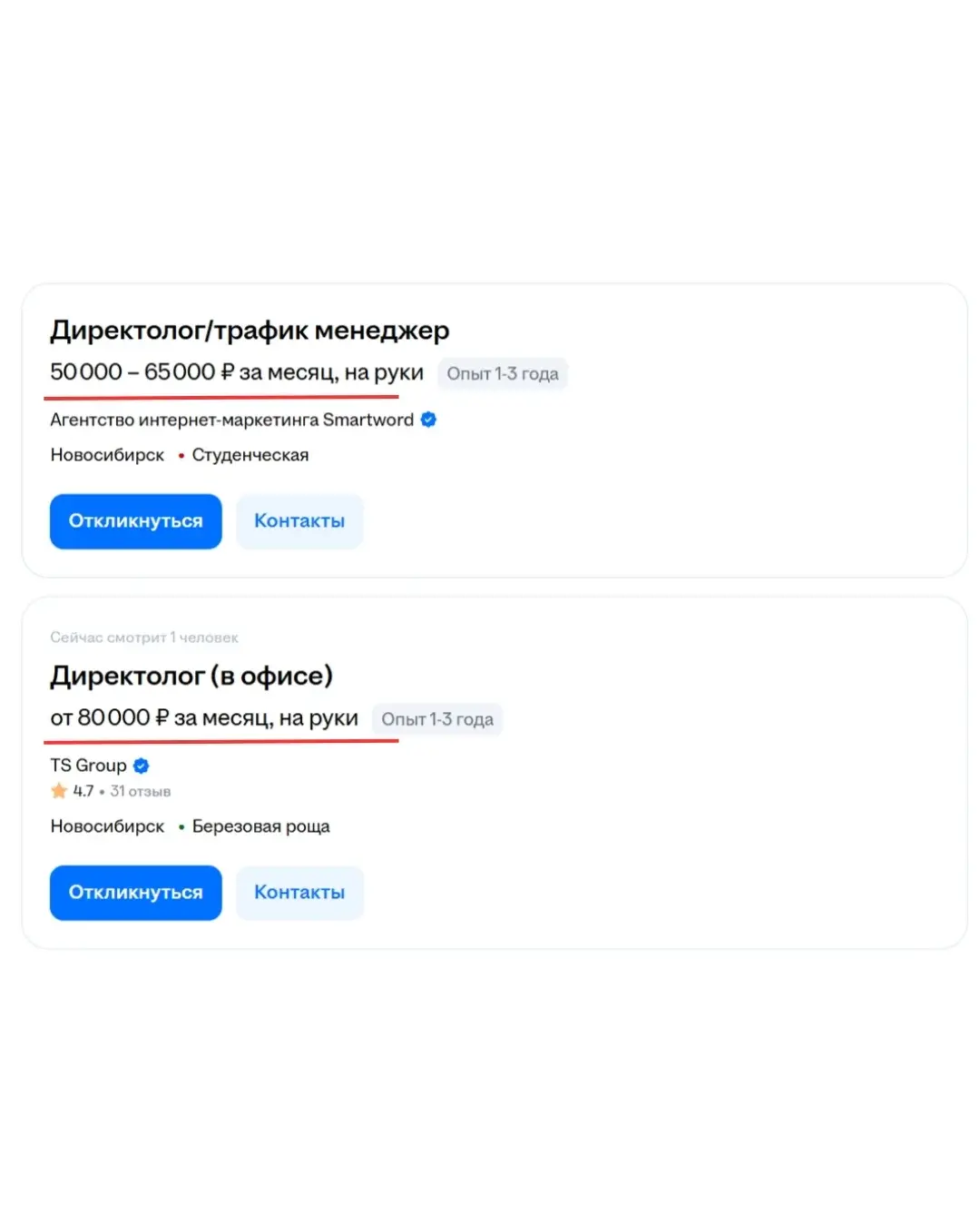 Скриншот вакансии директолога и график-менеджера
