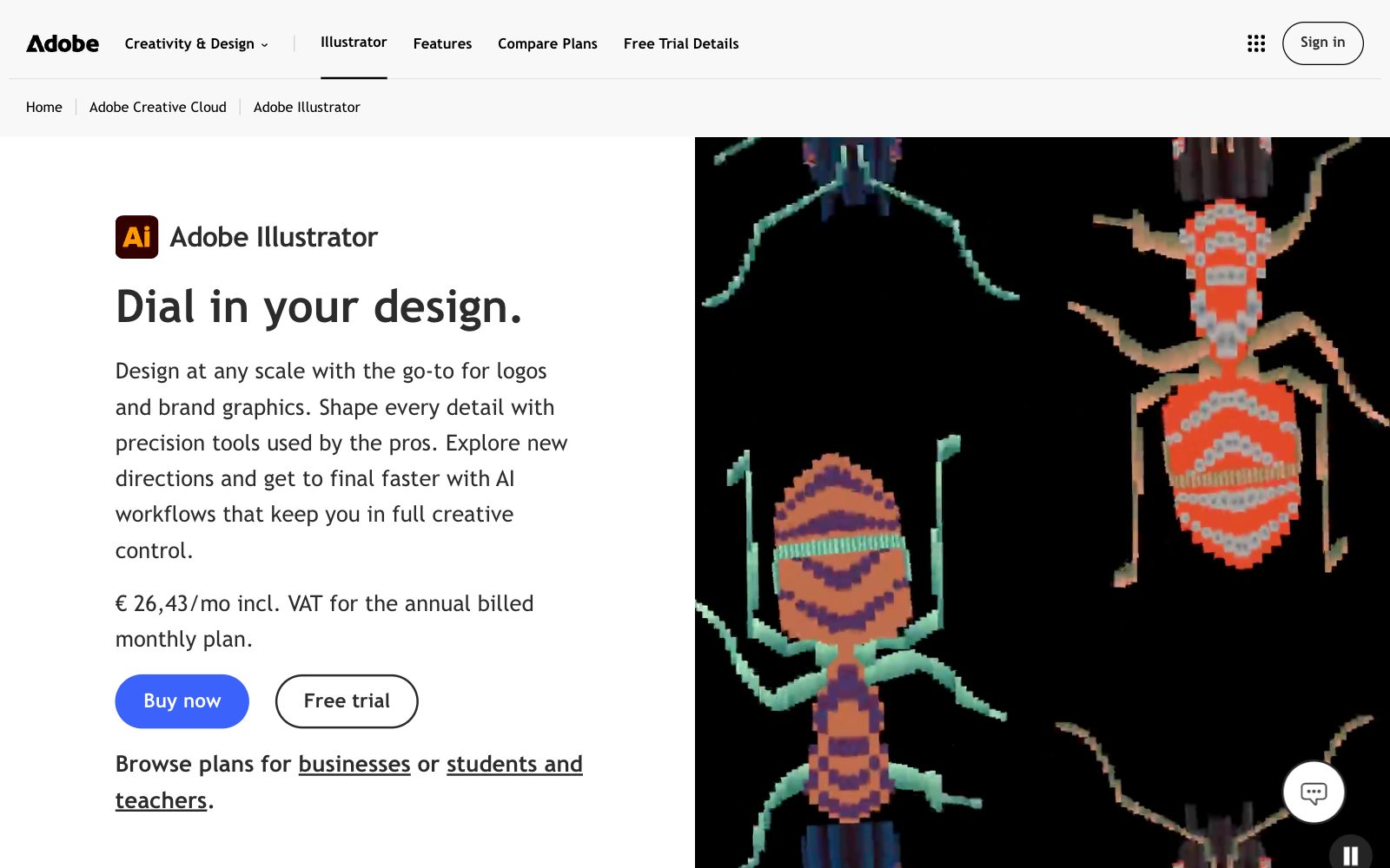 Screenshot of the Adobe Illustrator product page with the headline Dial in your design., Buy now and Free trial buttons and a patterned insect illustration