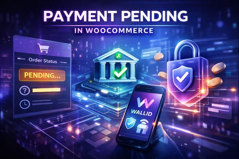 Futuristic illustration showing a pending WooCommerce payment with bank confirmation, pay-by-bank flow, and Wallid secure payment interface