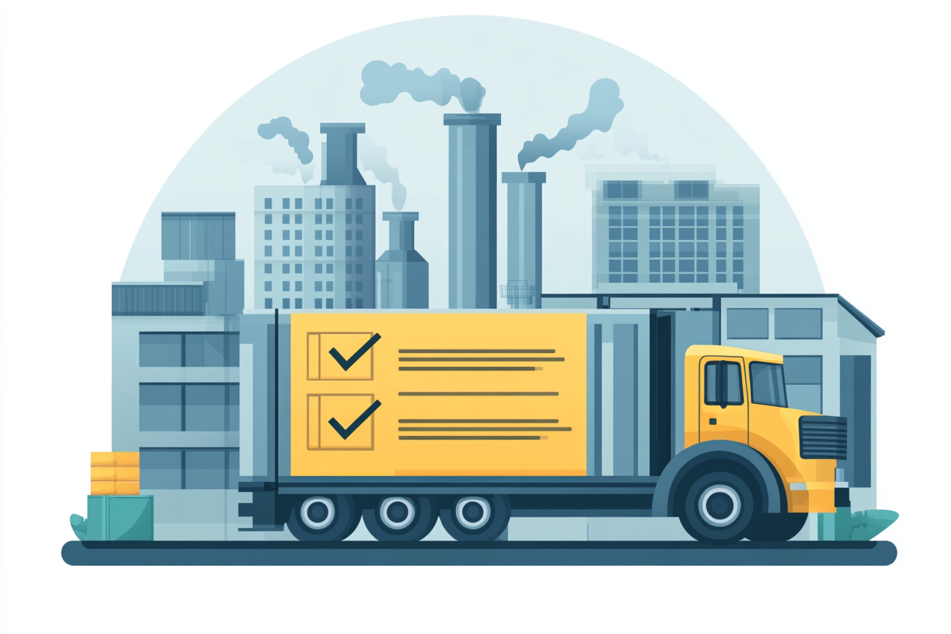 Оформление СНТ в 2025 году – цифровая накладная на фоне грузового транспорта и государственного контроля.