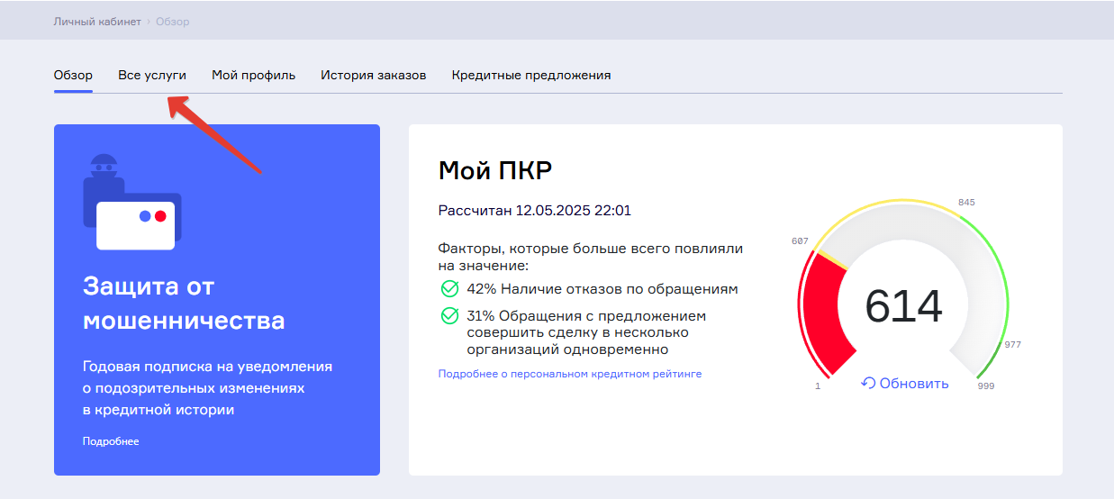 Скриншот входа или заказа кредитного отчета в НБКИ