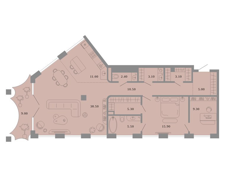 Планировка: квартира с 1 спальней 119,2 м² в ЖК «Тессинский, V», дом Nox, 3-й этаж