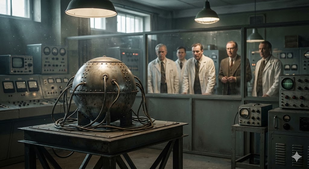 Макет первой советской атомной бомбы РДС-1 в лаборатории 1940-х годов 