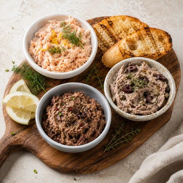 Риеты из рыбы и мяса на доске с хлебом