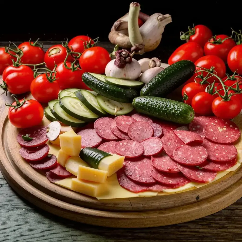 Ассорти свежих ингредиентов для пиццы — помидоры, колбаса, сыры, грибы.