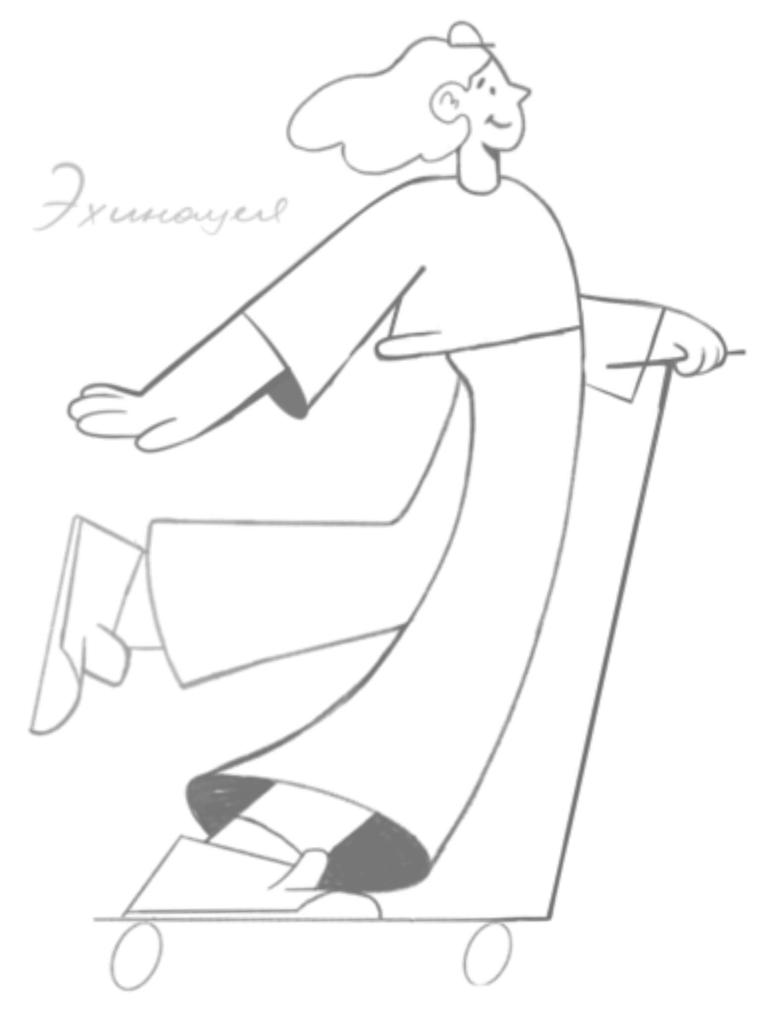 Яркая иллюстрация девушки на самокате в зелёной кофте и юбке с цветами – динамика и жизнерадостность