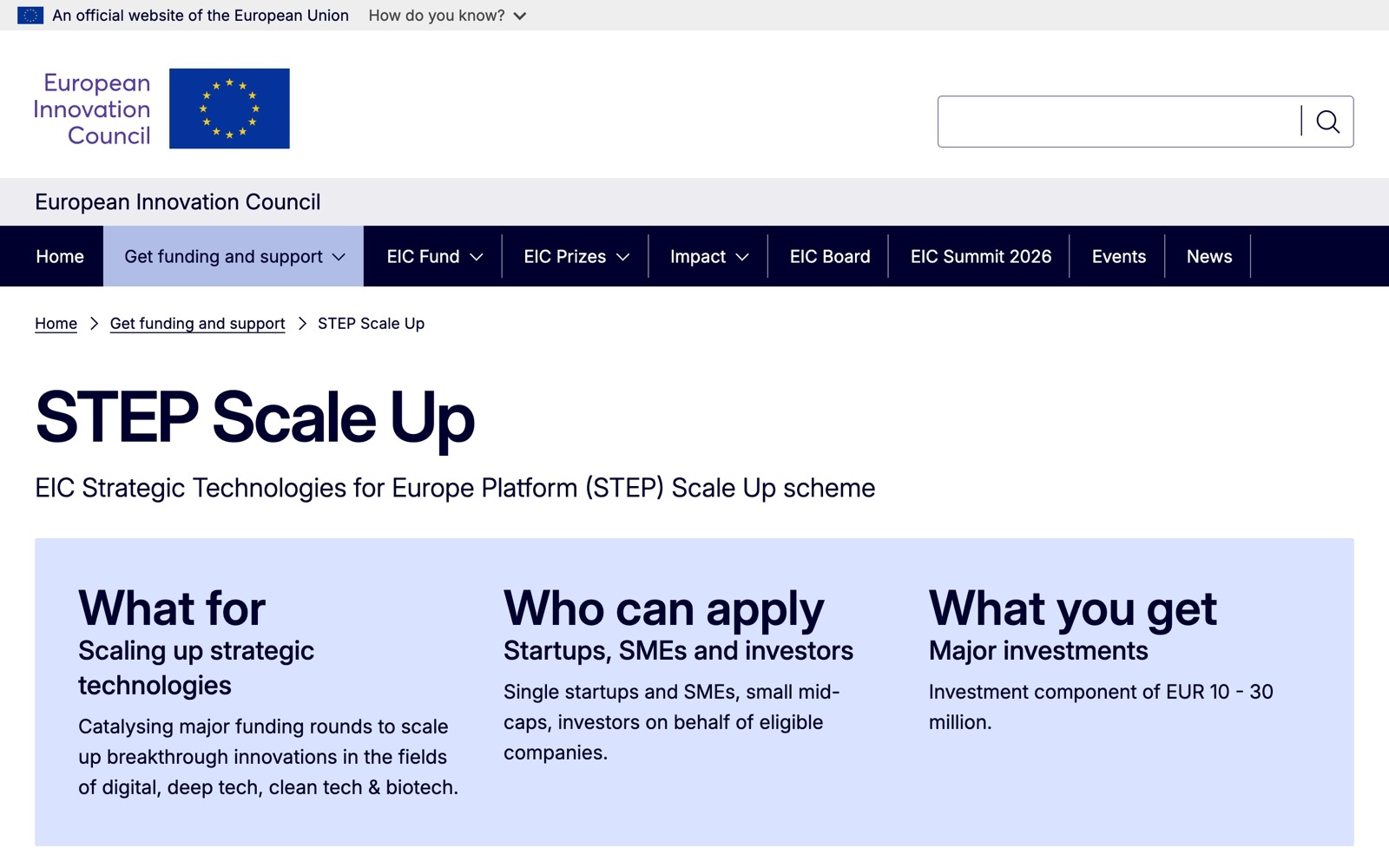 STEP Scale Up official page screenshot: EIC investment scheme for scaling strategic technologies
