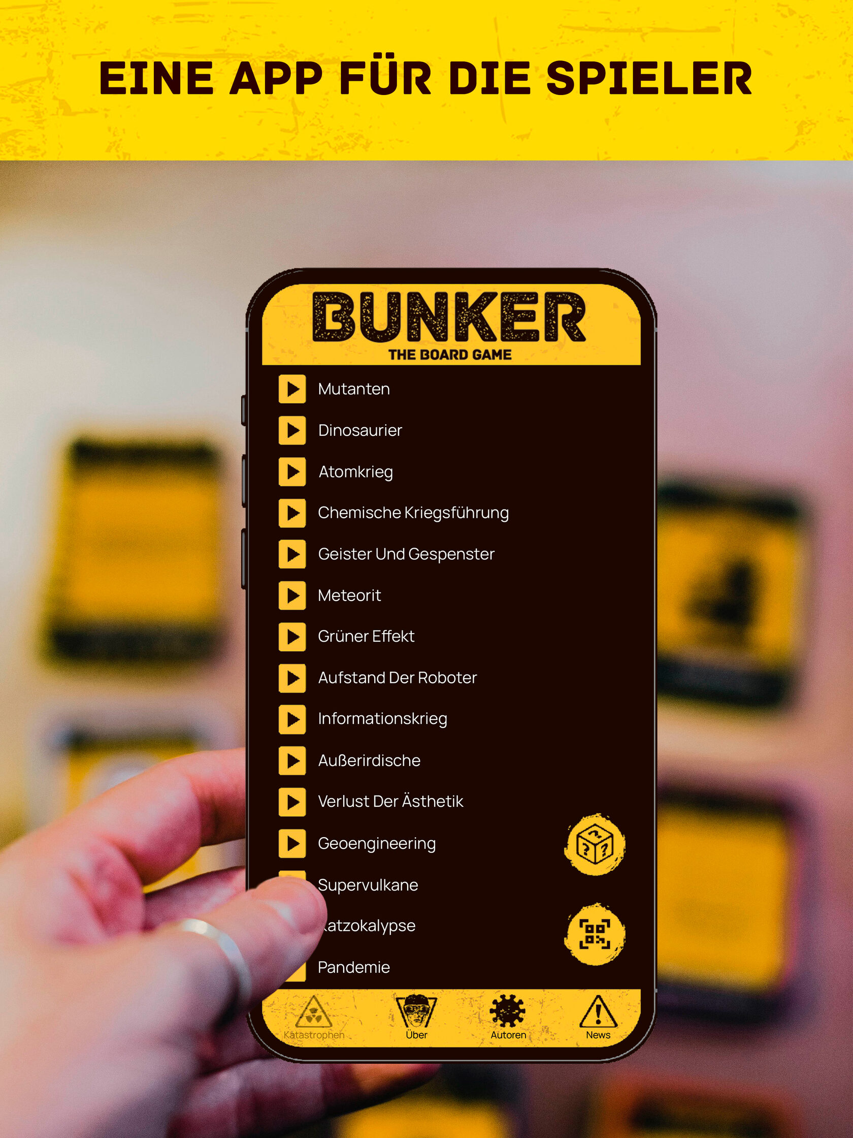Der Bunker Companion auf einem Smartphone mit der Auswahl verschiedener Katastrophen
