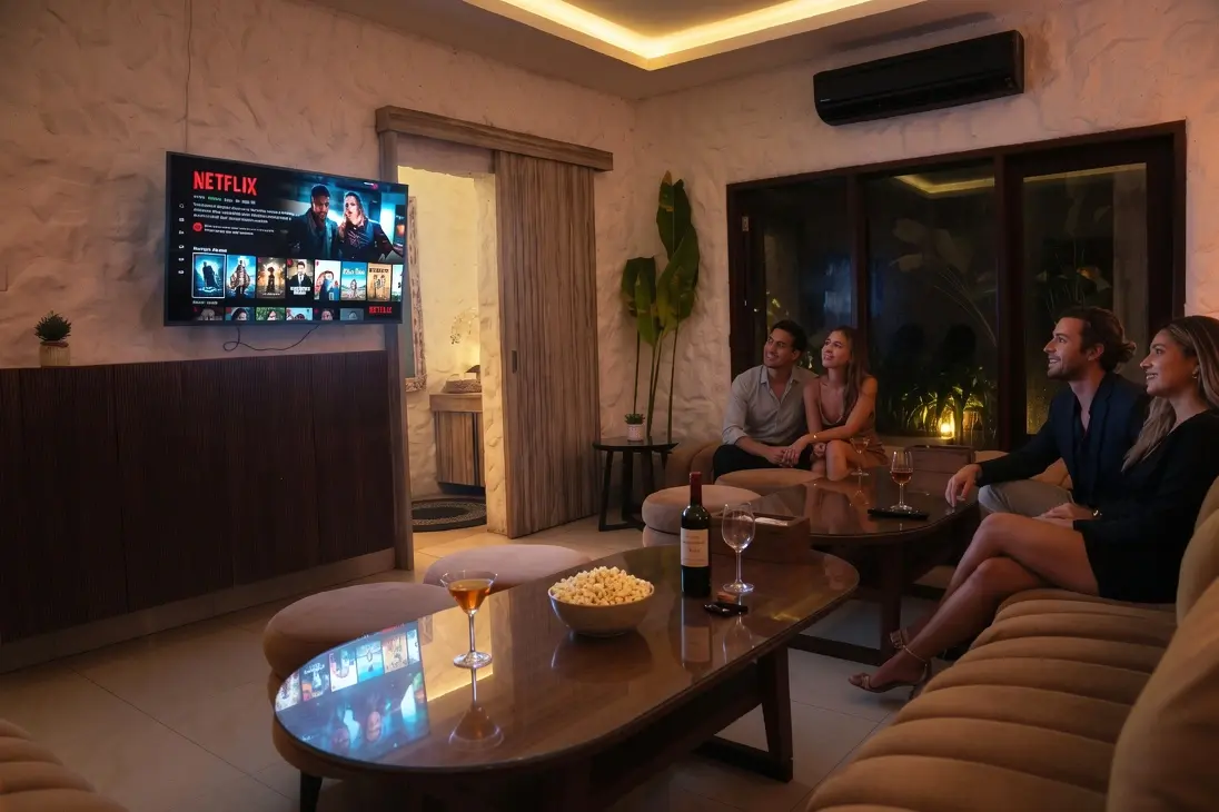 A group of friends enjoying a private VIP room with Netflix, drinks, and snacks, finding the perfect spot for where to watch a movie in Bali.