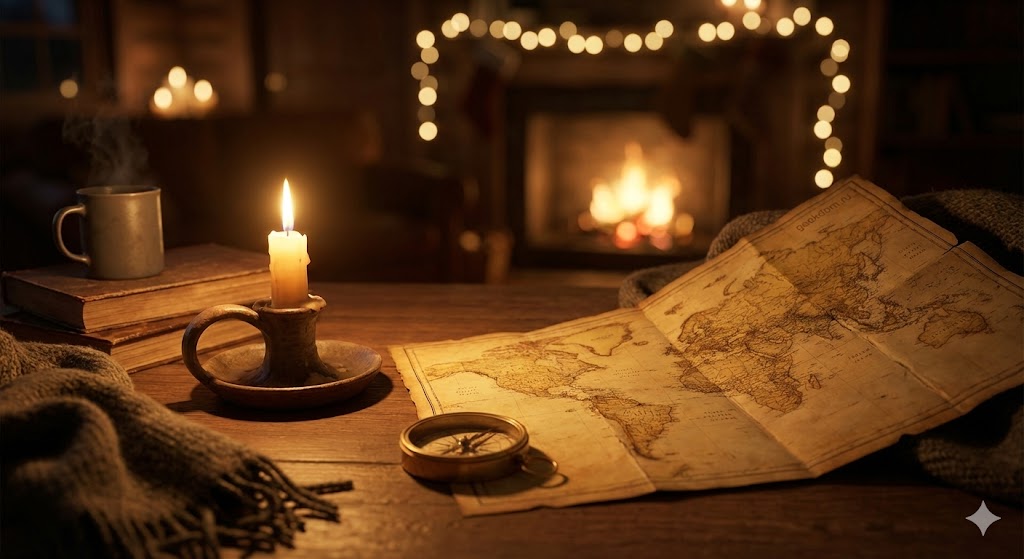 Уютная атмосфера вечера размышлений со свечой и картой