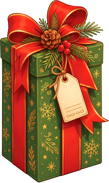 A children's illustration of a New Year's gift in a green wrapper with snowflakes and a red ribbon