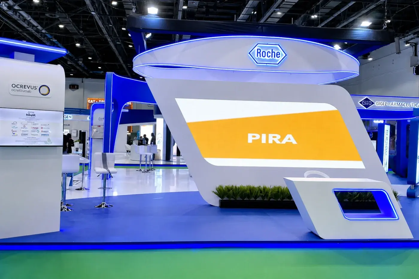 Exhibition stand with an illuminated arch and branded header
