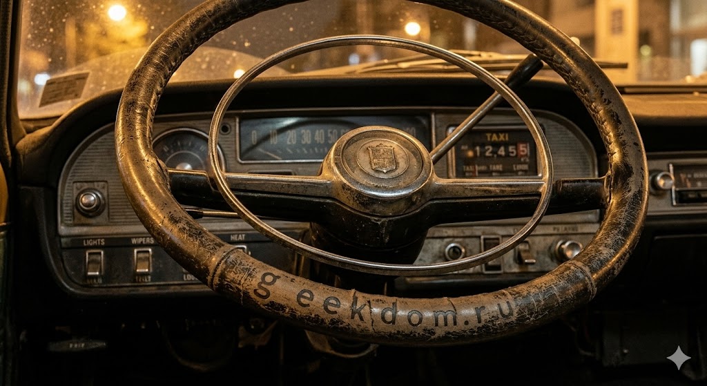 Потертый руль винтажного такси с приборной панелью.