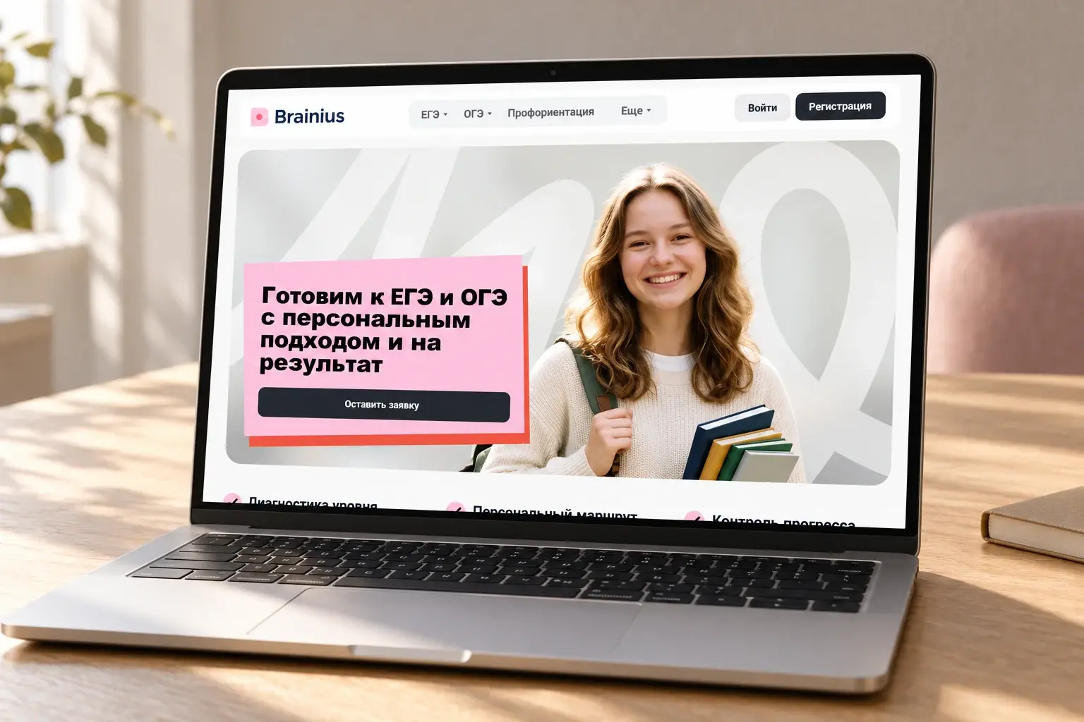 Главная страница сайта онлайн-школы Brainius на экране ноутбука