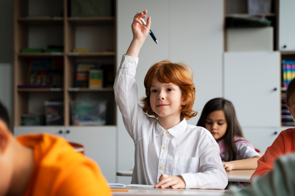 A young student is raising his hand to answer the lesson.