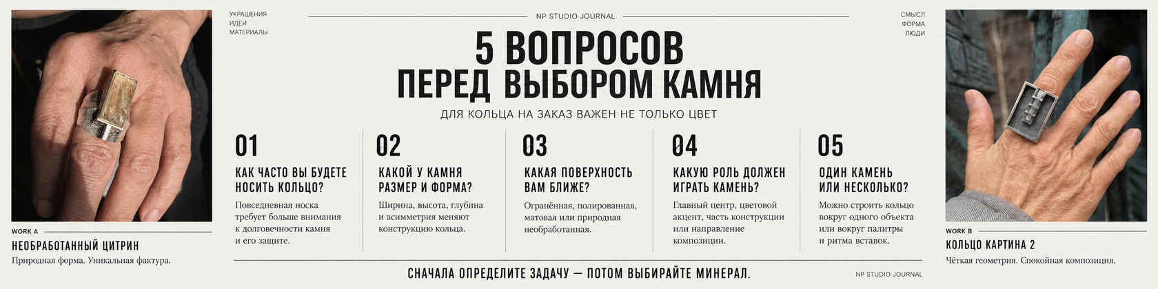 Инфографика NP Studio Journal «5 вопросов перед выбором камня» для кастомного кольца.