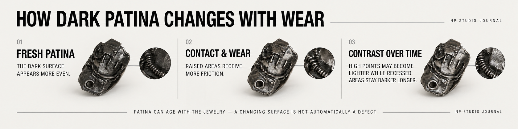 How dark patina changes with wear from fresh patina to lighter high points and darker recessed areas