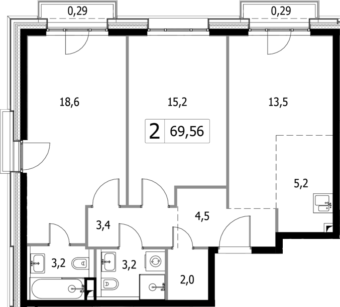 3 Евро 69,56 м²