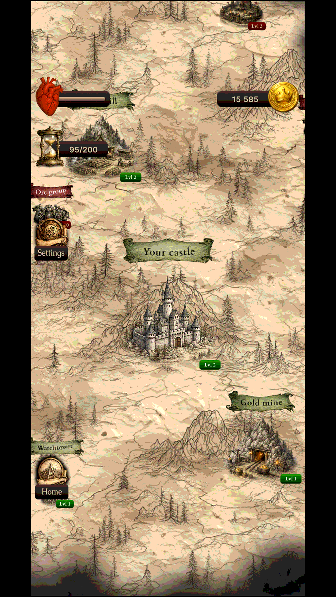 Crownfall fantasy world map with castle, gold mine and watchtower