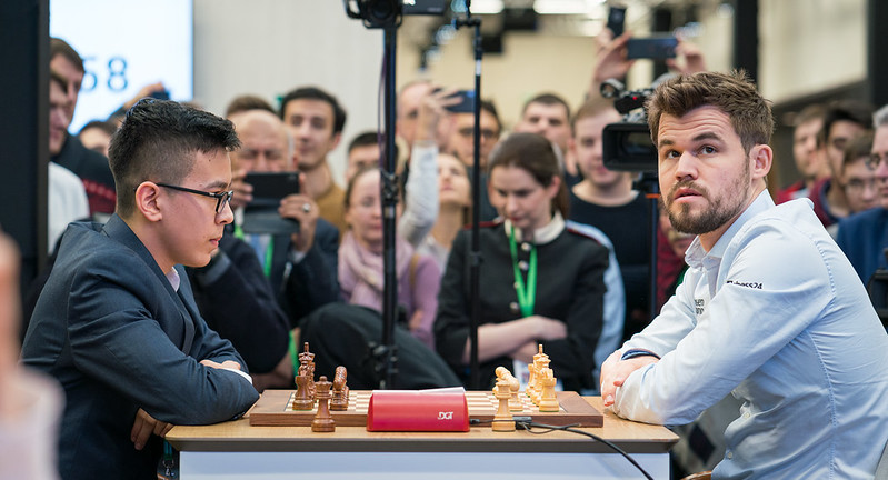 Magnus Carlsen of Norway competes against Daniil Dubov of Russia