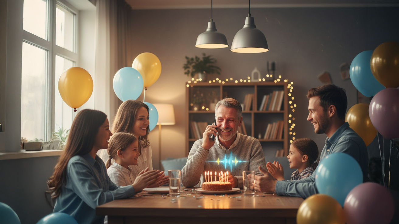Семья поёт песню папе в подарок на день рождения: праздничный стол с тортом и свечами, вокруг — дети и взрослые, радость и аплодисменты.