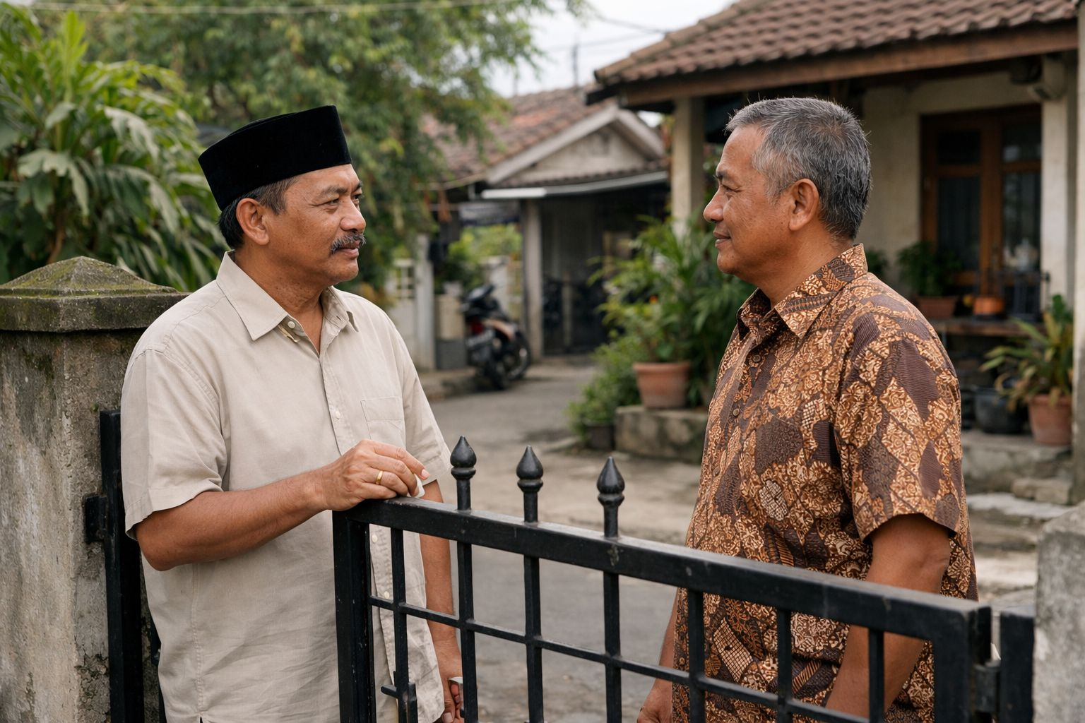 Dua tetangga berbicara tenang di depan pagar rumah sebagai ilustrasi menyampaikan keluhan dengan sopan tanpa konflik