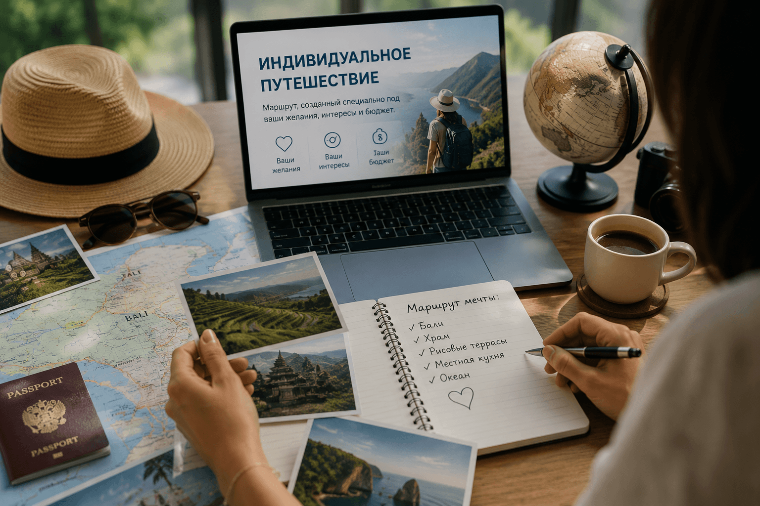 Индивидуальное путешествие: ноутбук с персональным маршрутом, карта, фотографии курортов и блокнот с пожеланиями клиента. Турагент подбирает тур с учётом интересов, бюджета, формата отдыха и желаемых впечатлений