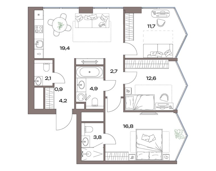 Планировка: 3-комнатная с европланировкой 81,4 м² в ЖК «Акценты», корпус 12, 20-й этаж