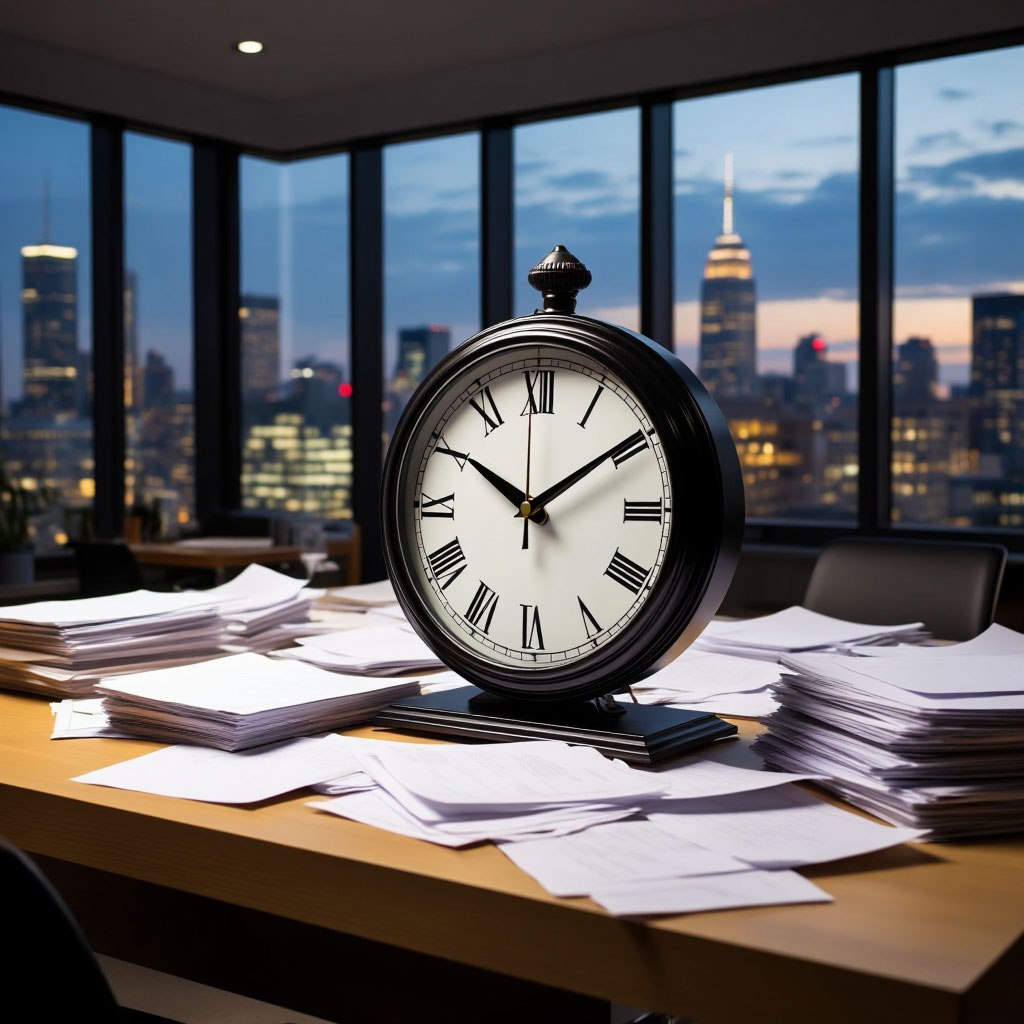 Офисный стол с часами и панорамным видом на город