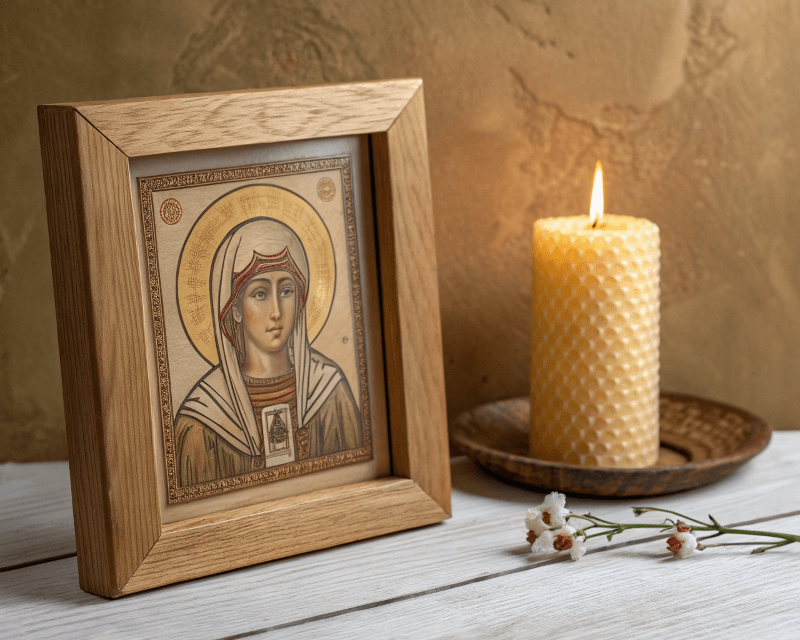 Теплая атмосфера православного дома с мягким золотым свечением, деревянные элементы, крест и открытая молитвенная книга, создающие чувство духовности и умиротворения