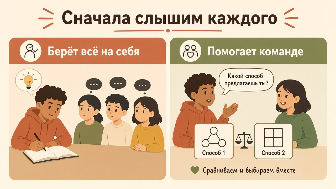 Слева ученик делает всё сам, справа спрашивает партнёра и сравнивает два способа