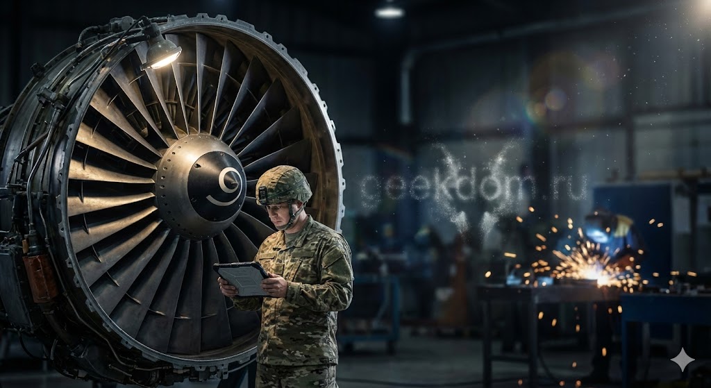 Офицер военного представительства проверяет технические параметры авиационного двигателя.