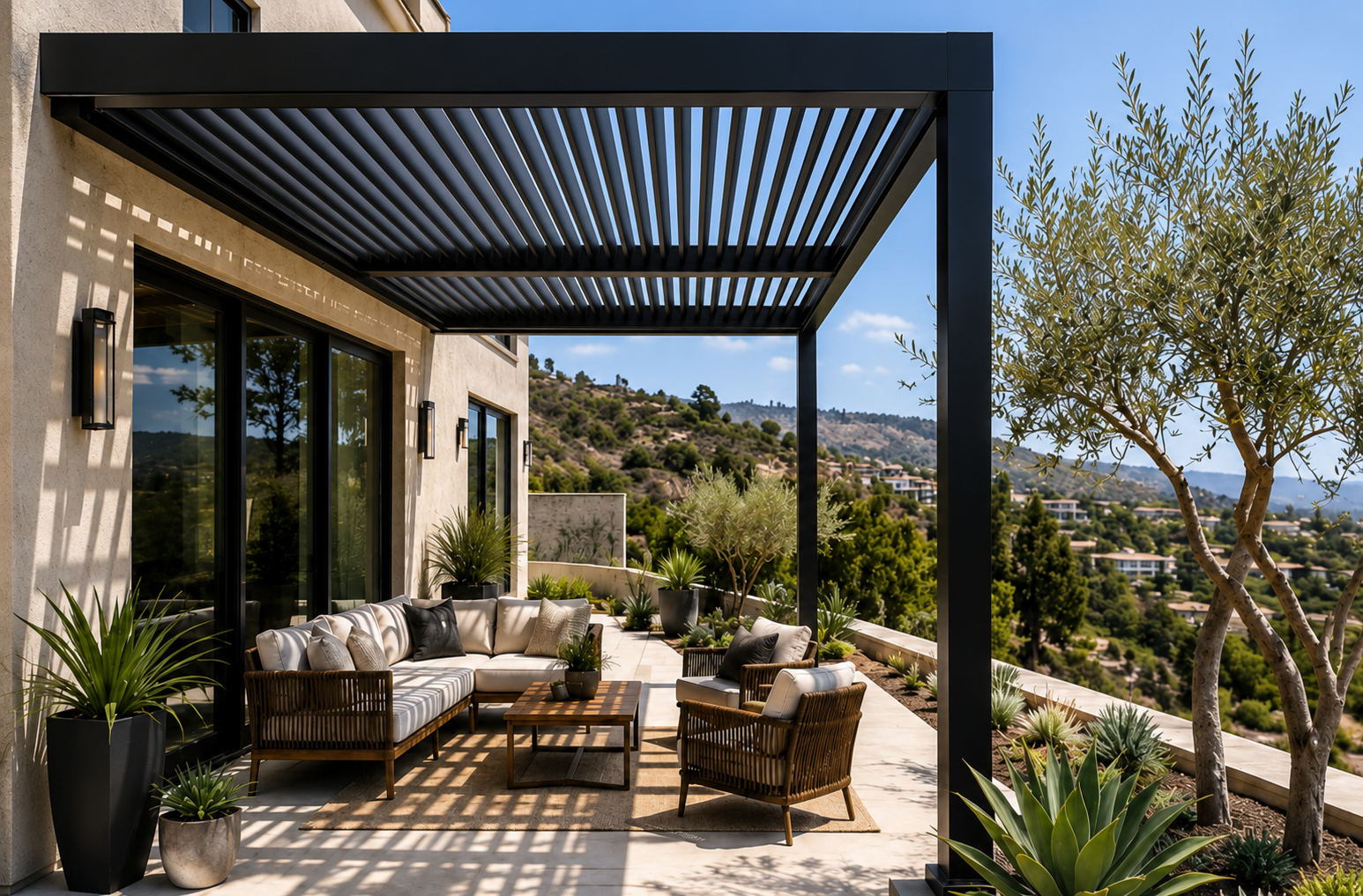 modern attached patio pergola builder in Turtle Rock Irvine hillside patio with drought tolerant landscaping