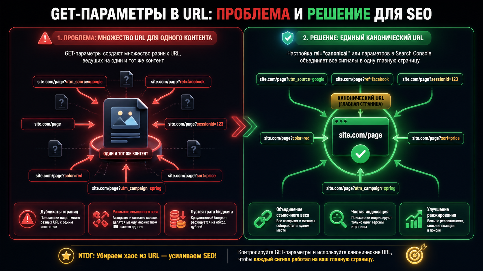 Инфографика: проблема множества URL для одного контента из-за GET-параметров и решение через канонический URL