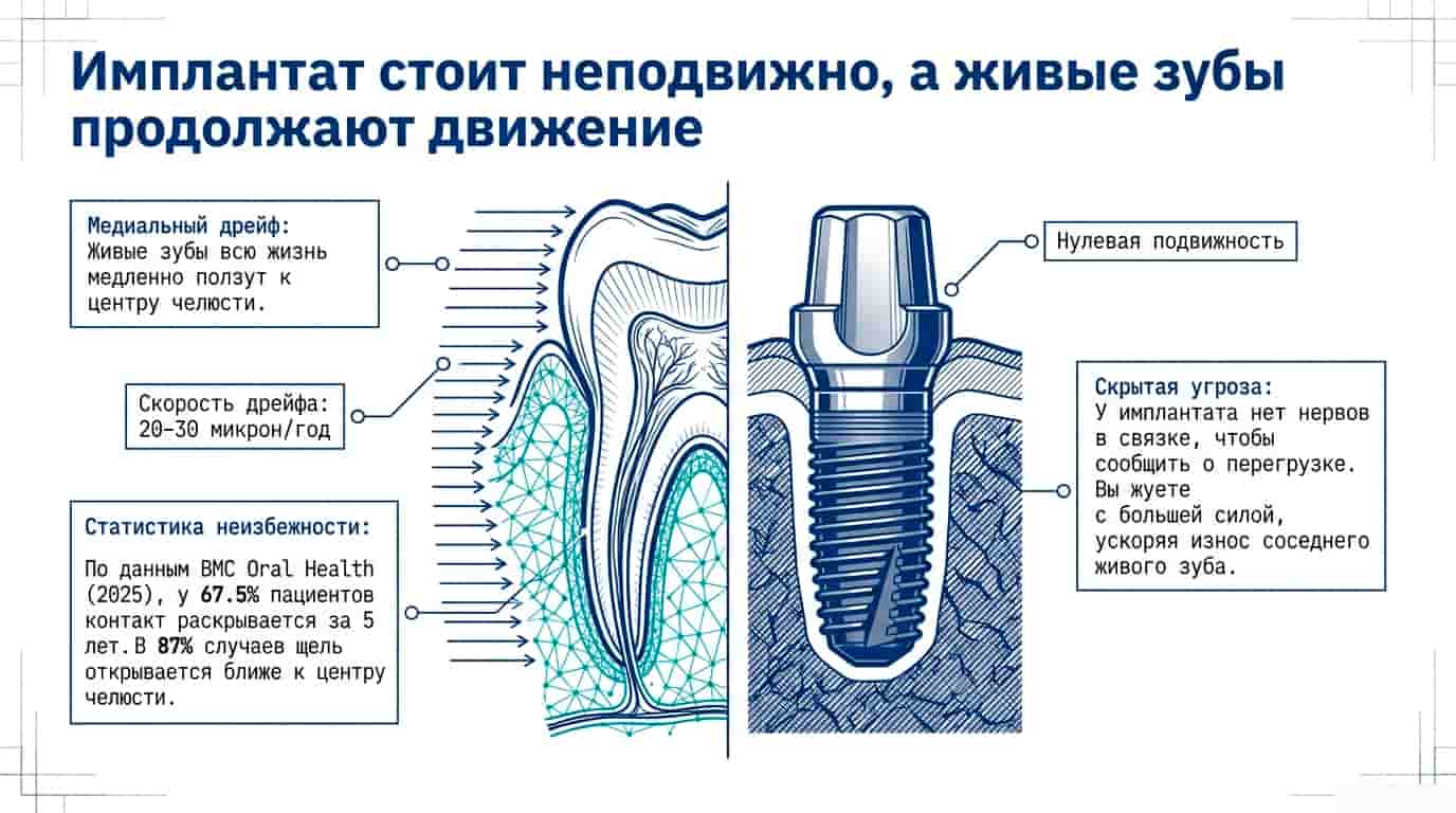 Имплантат стоит неподвижно, а живые зубы продолжают движение
