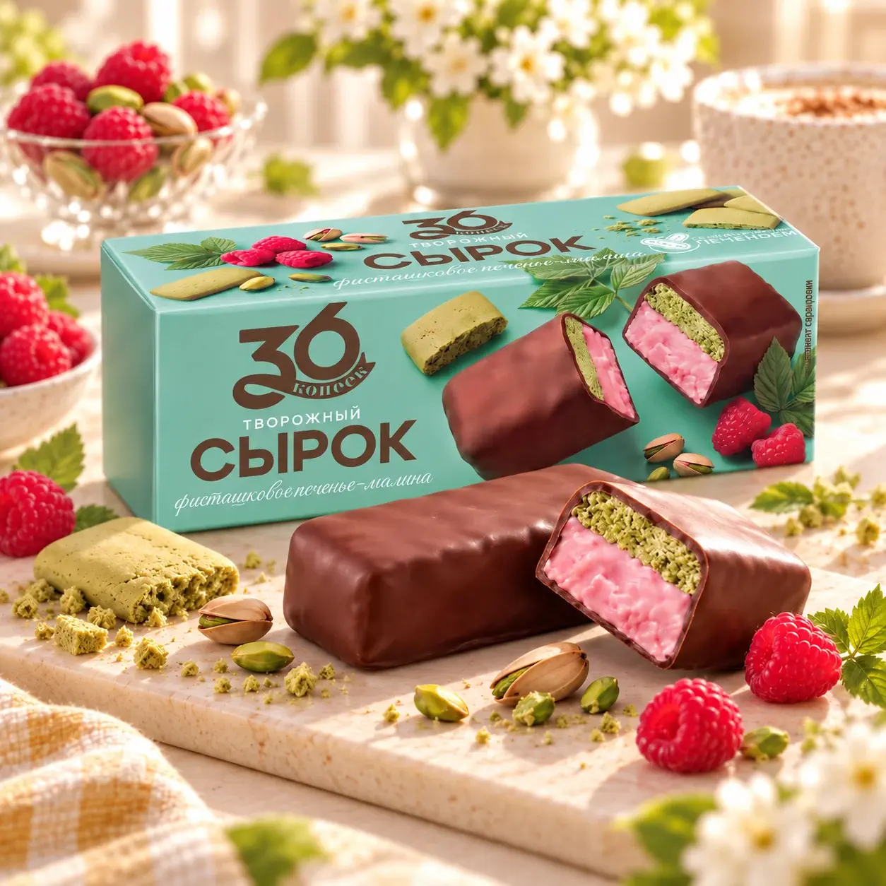 Сырок творожный фисташковое печенье — малина — упаковка 36 копеек
