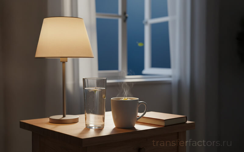 4Life Transfer Factor: уютный вечер для восстановления — тёплая лампа, чашка чая с паром, стакан воды с лимоном и книга у окна