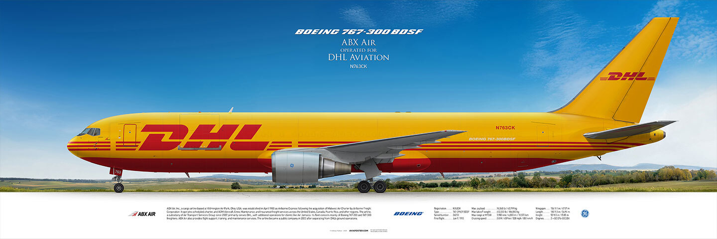 Painted profile of Boeing 767 on the background of a landscape